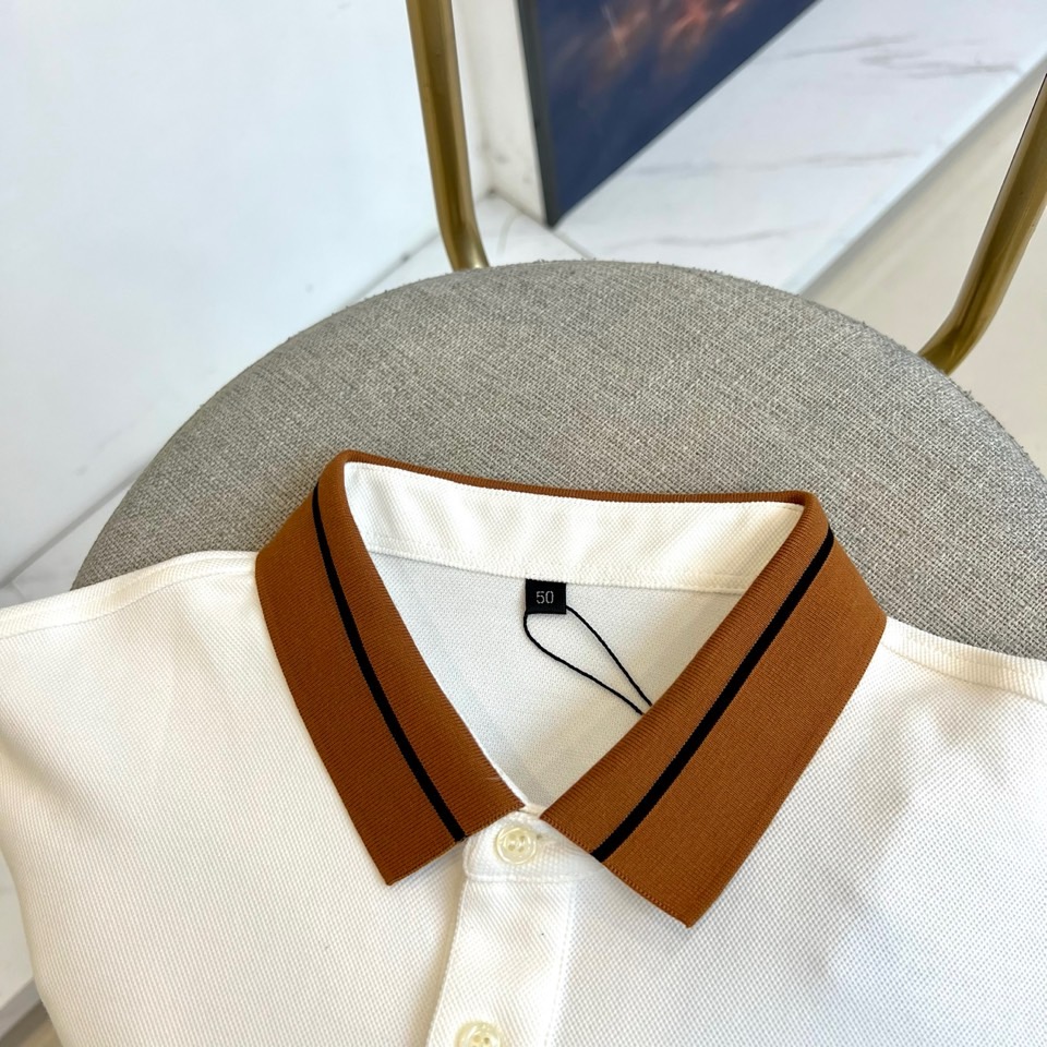杰尼亚、2025秋冬新品男士长袖Polo衫，经典翻领设计巧妙融入棕色拼接细节，领缘点缀黑色细条纹提升精致