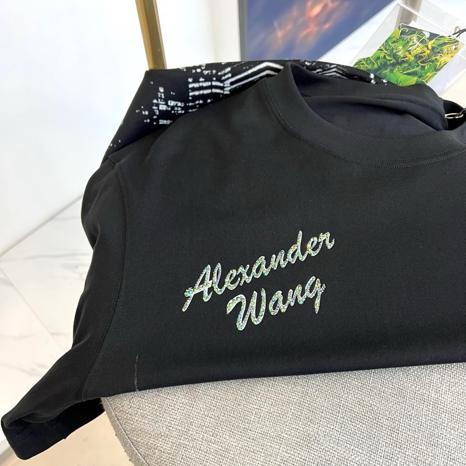 Alexander Wang亚历山大、纽约天际线水晶烫印 T 恤棉质面料，正面是黑白城市天际线印花，现代