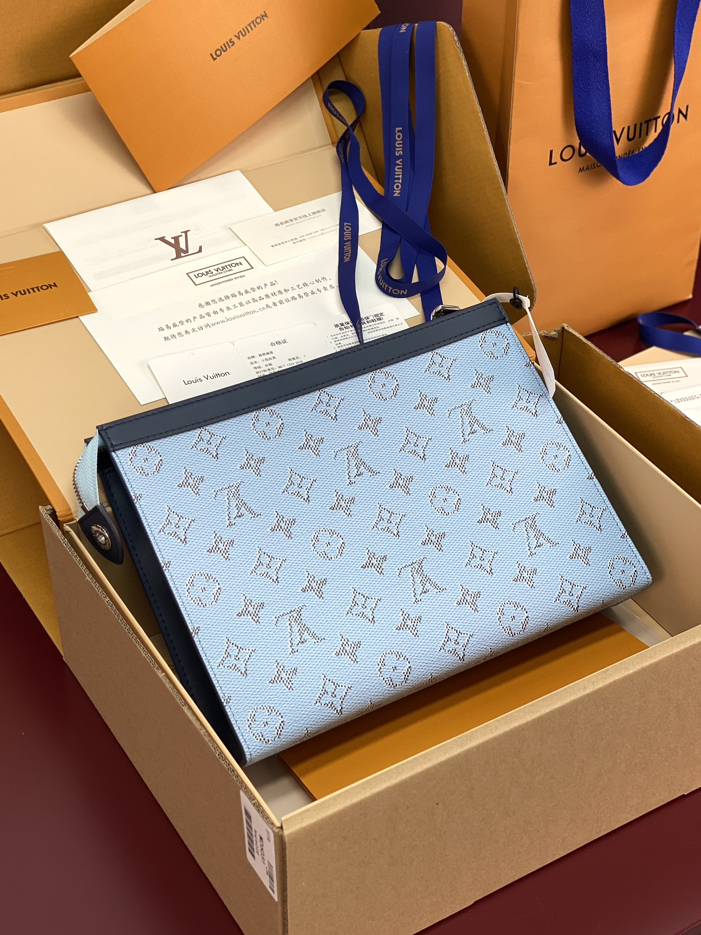 升级版本⚠️M61692 蓝条纹！芯片版！Monogram Heritage 涂层帆布包裹印花牛皮内胆！