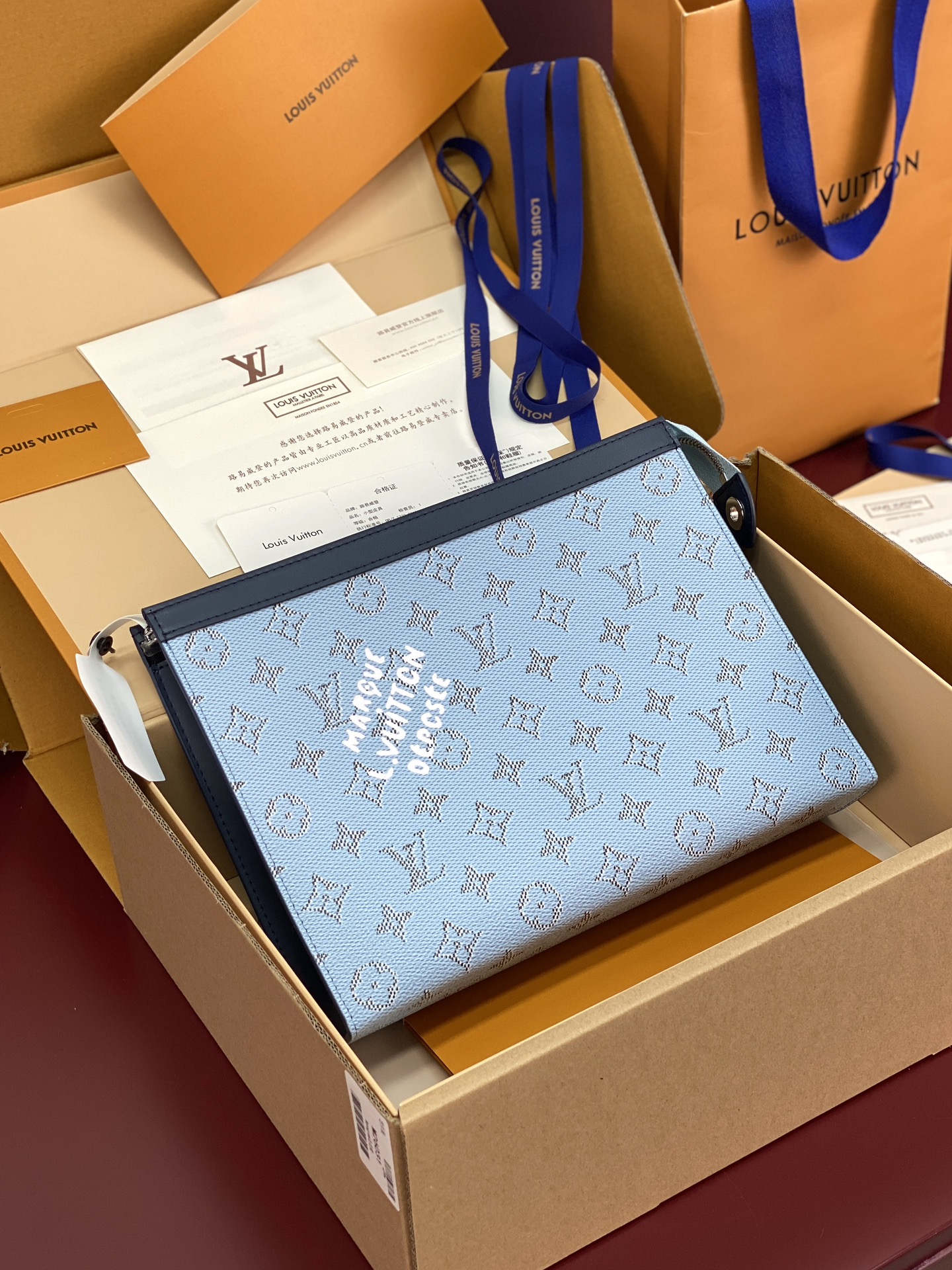 升级版本⚠️M61692 蓝条纹！芯片版！Monogram Heritage 涂层帆布包裹印花牛皮内胆！