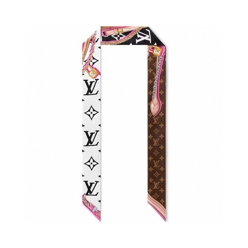 NO:306335,UltimateMonogramBB hairband streamers integrate chain, decorative and padlock patterns into Monogram patterns, highlighting the long-standing inheritance of the leather goods series. Contrast color edges enrich the design levels, allowing summer styling to show the trendy personality. 120x5 cm (length × height) mulberry silk inkjet printing Monogram pattern scarf streamers, streamers, hair bundles19860909批 UltimateMonogramBB束发带飘带 为Monogram图案融入链条、饰带和挂锁图案,彰显皮具系列悠久传承.撞色边缘丰富设计层次,令夏日造型展露潮流个性.120x5厘米（长度×高）桑蚕丝喷墨印制Monogram图案丝巾飘带,飘带，发束,accessory