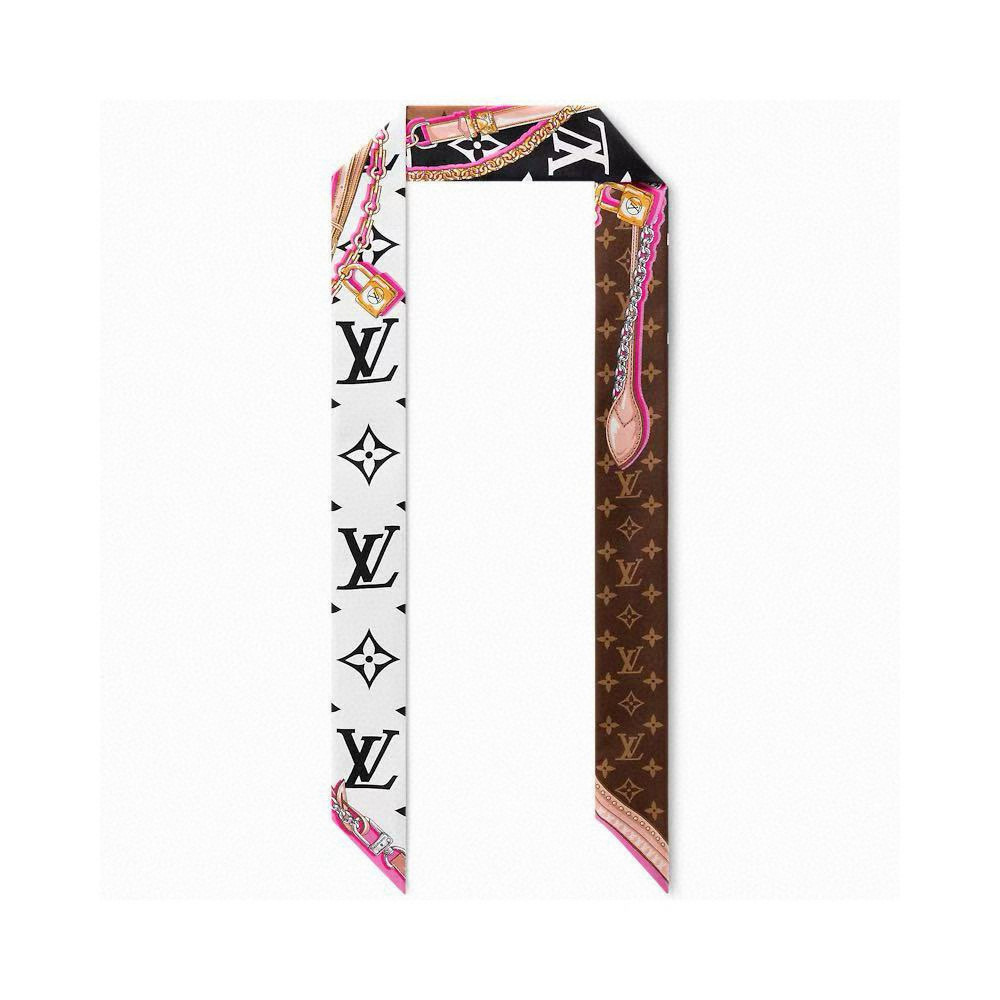 NO:379007,UltimateMonogramBB hairband streamers integrate chain, decorative and padlock patterns into Monogram patterns, highlighting the long-standing inheritance of the leather goods series. Contrast color edges enrich the design layer, allowing summer styling to show the trendy personality. 120x5 cm (length × height) mulberry silk inkjet printing Monogram pattern scarves, streamers, streamers, hair bundles19860909批 UltimateMonogramBB束发带飘带 为Monogram图案融入链条、饰带和挂锁图案,彰显皮具系列悠久传承.撞色边缘丰富设计层次,令夏日造型展露潮流个性.120x5厘米（长度×高）桑蚕丝喷墨印制Monogram图案丝巾,飘带,飘带，发束,accessory
