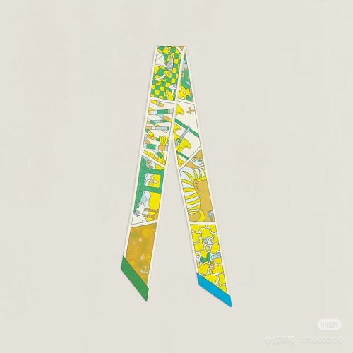 Hermes Printed Twilly Scarf in Silk for Women, Green/Yellow, 100% Silk 1 Hermes Printed Twilly Scarf in Silk for Women, Green/Yellow, 100% Silk