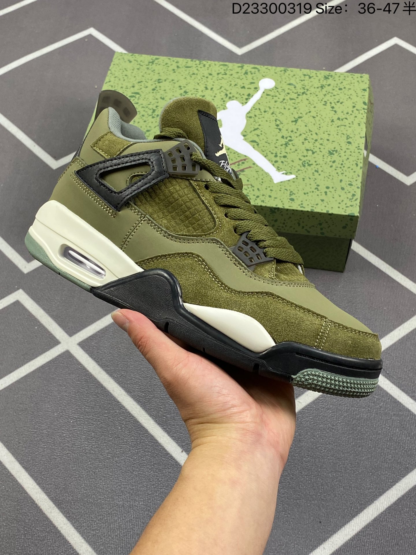 Air Jordan 4 Scarpe Sneaker Air Jordan Army Green Verde Giallo Ricamo Tela Camoscio