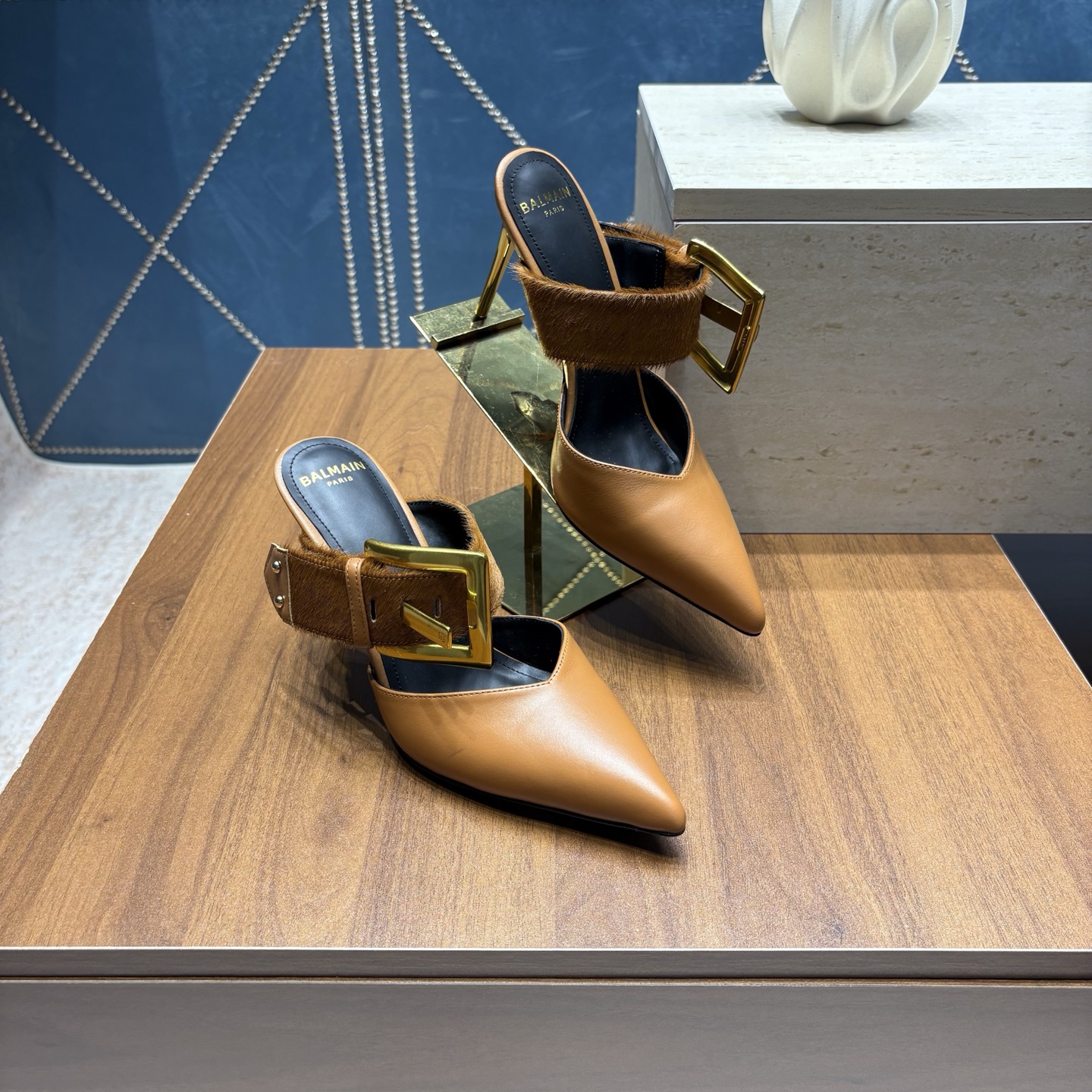 Balmain Calf Hair Buckle Mule Heels