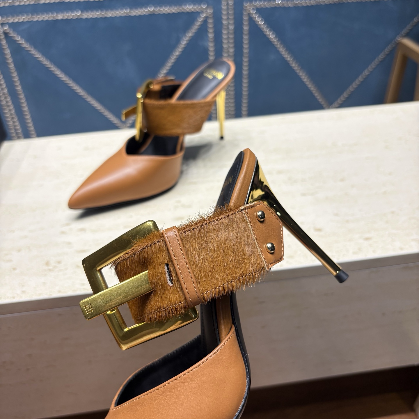 Balmain Calf Hair Buckle Mule Heels