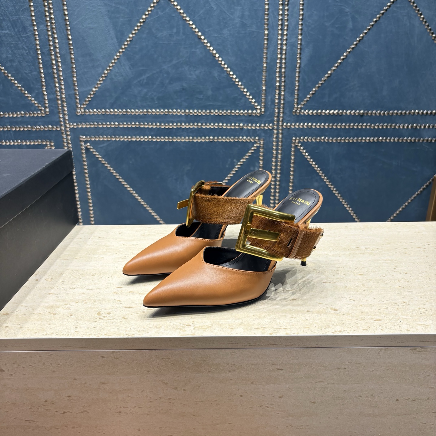 Balmain Calf Hair Buckle Mule Heels