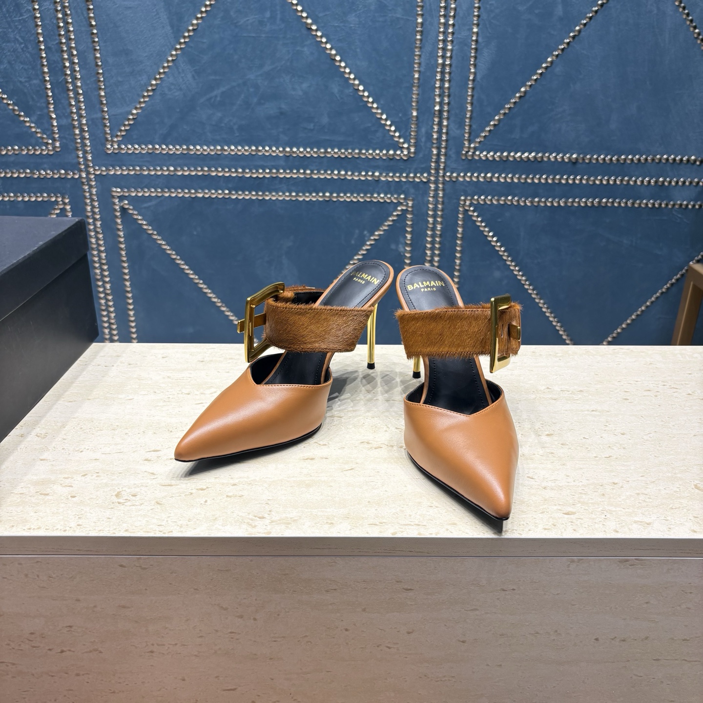 Balmain Calf Hair Buckle Mule Heels