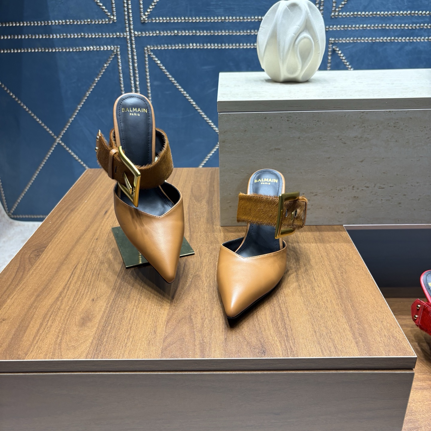 Balmain Calf Hair Buckle Mule Heels