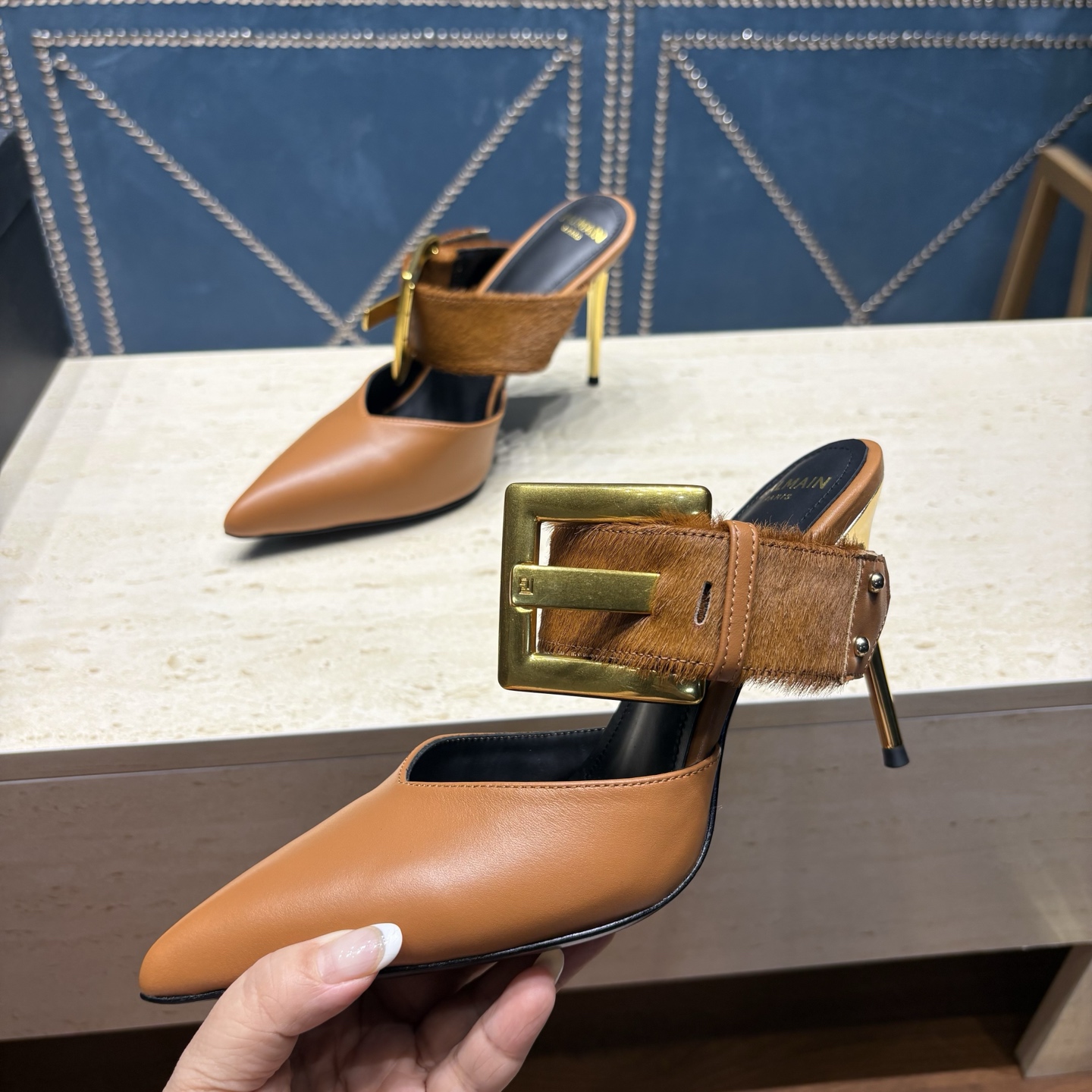 Balmain Calf Hair Buckle Mule Heels