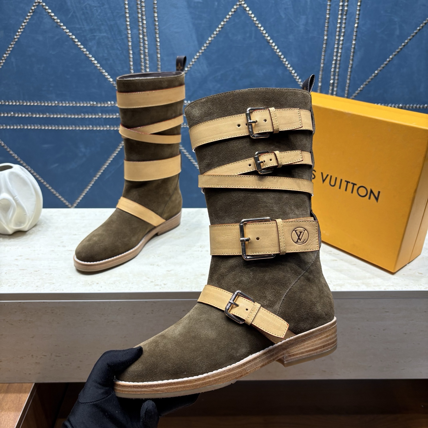 louis vuitton brown strapped shearling boots