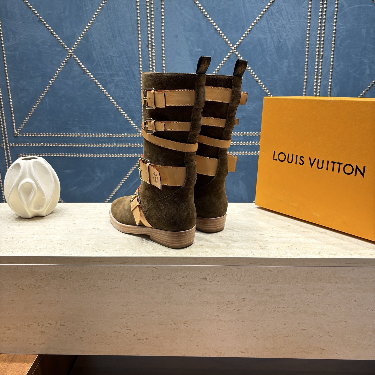 louis vuitton brown strapped shearling boots