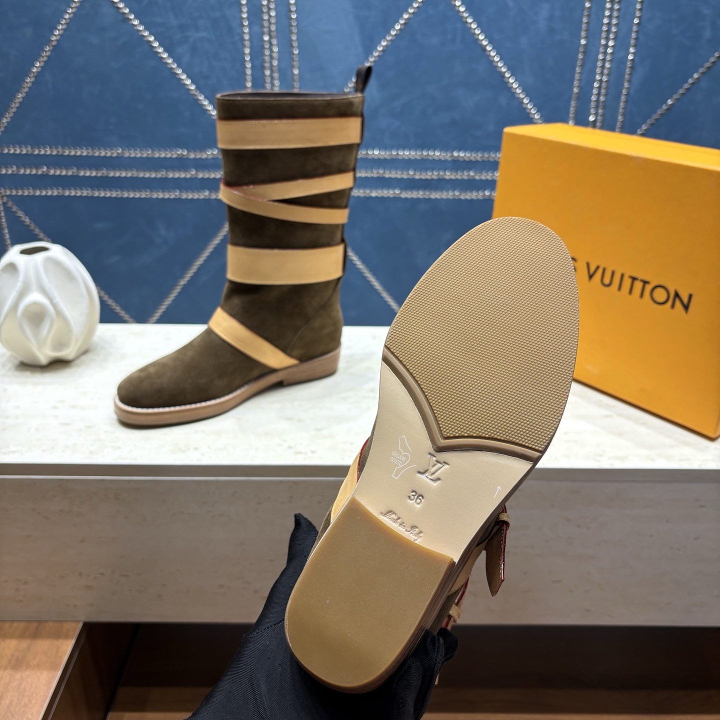 louis vuitton brown strapped shearling boots