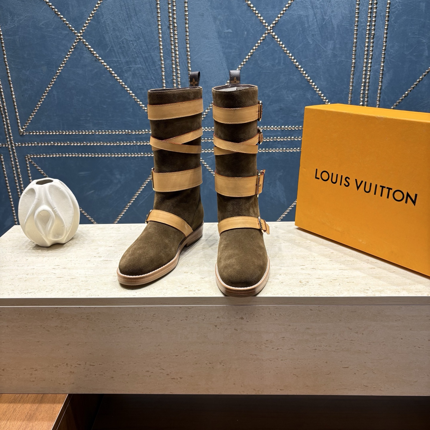 louis vuitton brown strapped shearling boots
