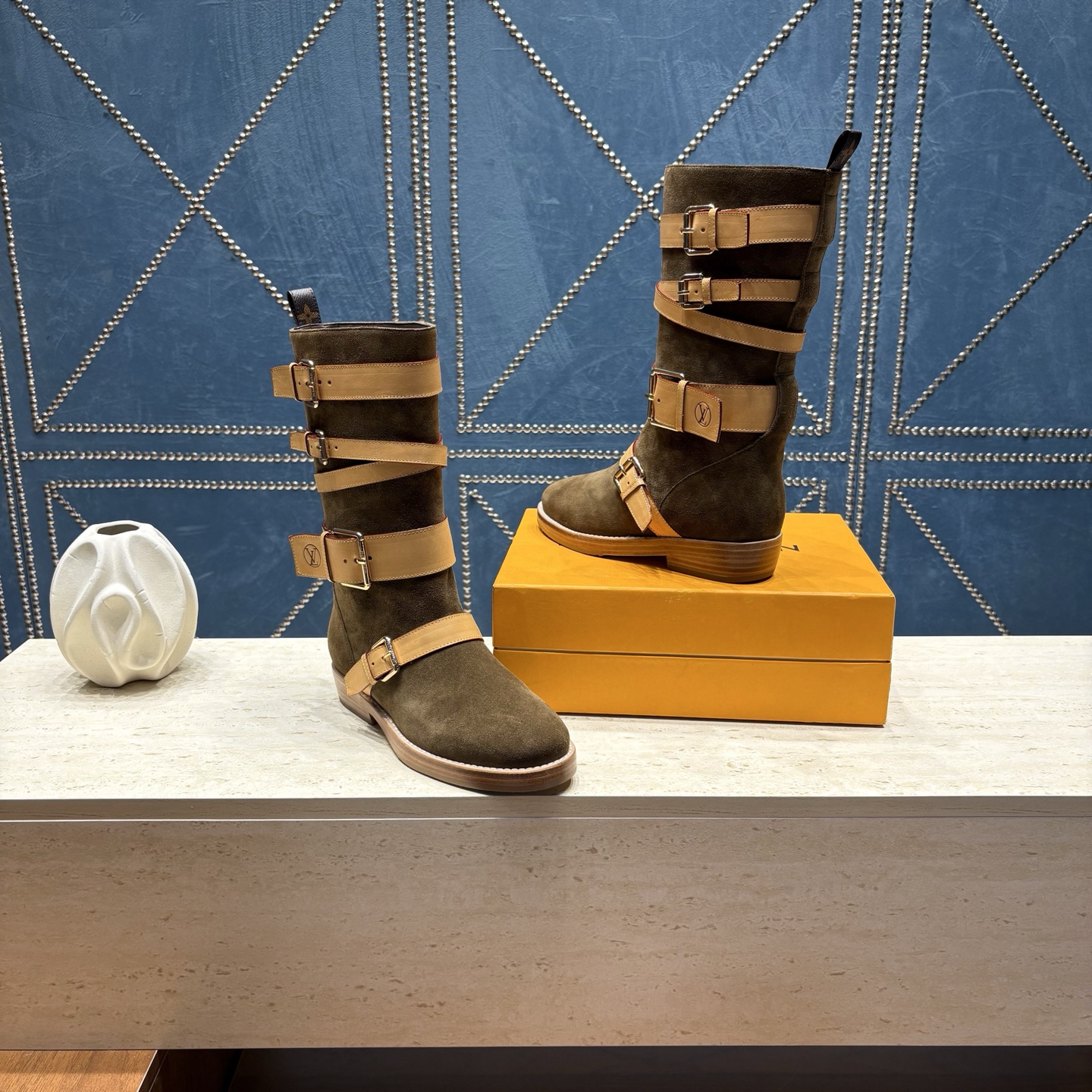 louis vuitton brown strapped shearling boots