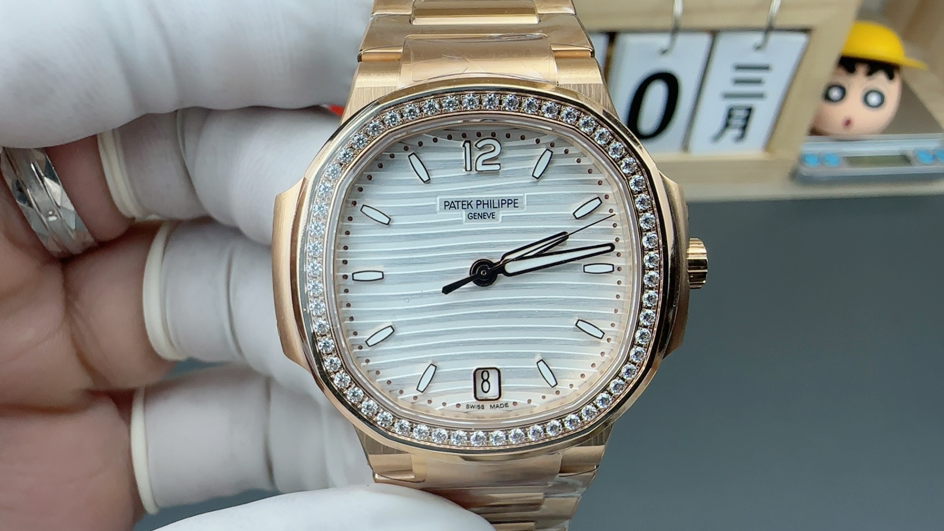 NO:755060,3k factory women's Nautilus/rose gold white diamond ring/324 all-in-one machine, diameter 35mm, thickness 8.62mm,198609093k厂 女款鹦鹉螺/玫瑰金白面钻圈/ 324一体机 直径35mm 厚度8.62mm,,Watch