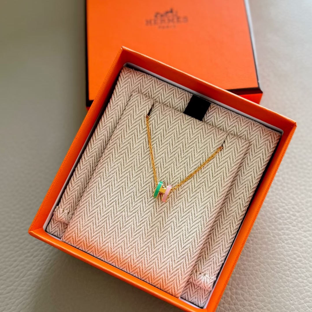 Hermès 爱马仕项链 AMXLZ0004-036新品双色珐琅迷你H项链 黄金 白金 香槟金