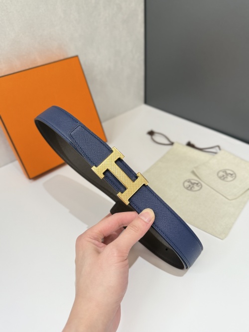 Hermes Men's Belt, Blue Leather with Gold H Buckle, 32mm Wide