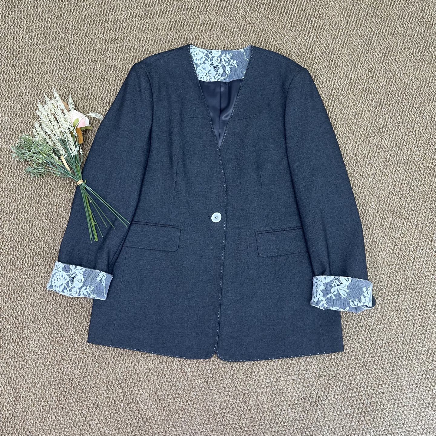 Elegant Lace-Trim Blazer - Sophisticated Collarless Design, Versatile & Chic 3 i1756390299463 9943 0 1
