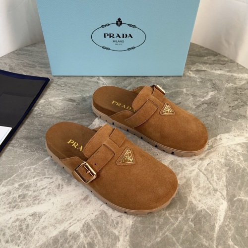 Prada Women's Brown Suede Mules with Adjustable Buckle Detail - Size 35-41