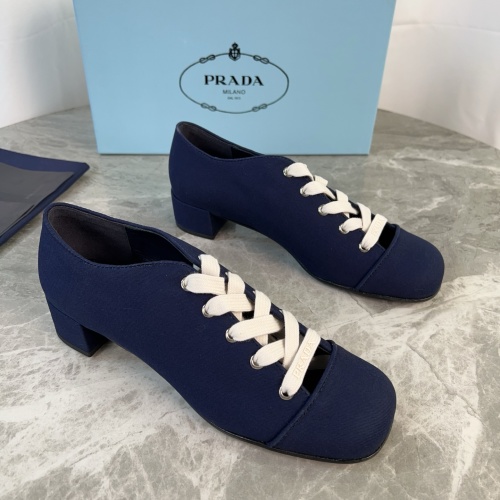 Prada Women's Lace-Up Block Heel Pumps in Navy Cotton Twill 1 Prada Women's Lace-Up Block Heel Pumps in Navy Cotton Twill