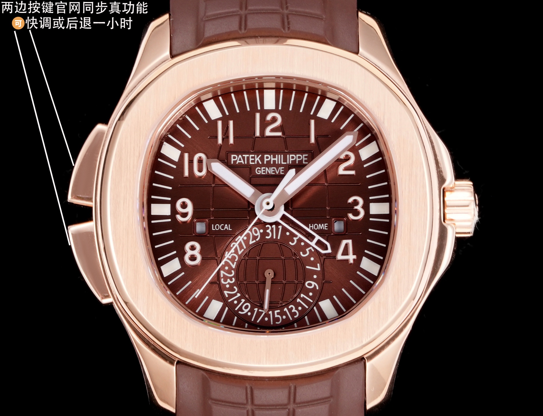 NO:337373,PP factory Patek Philippe 5164's first functional version, a top sports watch with innovative technology and practical functions. It has a 40.8 mm diameter, stainless steel material, polished and brushed alternately, with a strong sense of layering. The strap is made of fluoroelastic belt, and the back is a comfortable technical material. This strap is very soft, durable and fits the wrist. The soul of this grenade watch is not his simple GMT needle, but a two-site time mechanism patented by Patek Philippe, which is extremely elegant and convenient to operate. There are two hidden buttons on the left side of the case, both used to adjust the hour hand and double time zone to achieve functional version. There are a small window on the left and right of the dial, which shows the day and night status of LOCAL and HOME respectively. Equipped with Patek Philippe Caliber324S S  FUS automatic winding movement, with Gyromax balance wheel and Spromax hairspring, ensuring ultra-high accuracy when walking every day. The PP factory has worked hard to create the first version function, welcomes all watch friends to appreciate it, patek philippe19860909PP厂 百达翡丽5164首家功能对版,一款集创新技术,实用功能独特设计于一身的运动顶级腕表.40.8的毫米直径,不锈钢材质,经过抛光和拉丝交替处理,层次感强.表带采用氟橡胶带材质,背面为舒适的技术材质,这种表带非常柔软,耐用且贴合手腕.这款手雷腕表的灵魂所在,并非他简单的GMT针,而是百达翡丽专利的两地时机制,操作极其优雅和便捷.表壳左侧有两个隐藏式按钮,分别都用于快调时针,双时区,实现功能对版.表盘左右各有一个小巧的视窗,分别显示 LOCAL 和HOME的昼夜状态 .搭载百达翡丽Caliber324S S FUS自动上链机芯,拥有Gyromax摆轮和Spromax游丝,确保每天走时的超高精准.PP厂用心良苦打造首家对版功能,欢迎各大表友品鉴,,patek philippe,Watch