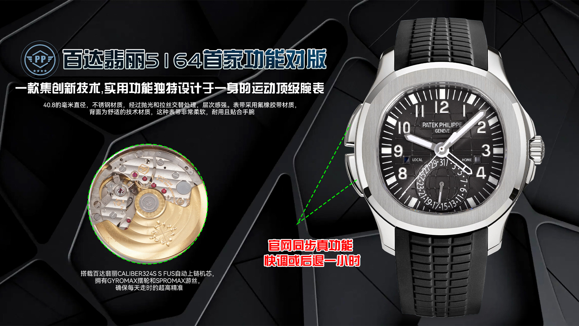 PP厂百达翡丽5164首家功能对版，一款集创新技术，实用功能独特设计于一身的运动顶级腕表。40.8的毫米直径，不锈钢材质，经过抛光和拉丝交替处理，层次感强。表带采用氟橡胶带材质，背面为舒适的技术材质，这种表带非常柔软，耐用且贴合手腕。这款手雷腕表的灵魂所在，并非他简单的GMT针，而是百达翡丽专利的两地时机制，操作极其优雅和便捷。表壳左侧有两个隐藏式按钮，分别都用于快调时针，双时区，实现功能对版。表盘左右各有一个小巧的视窗，分别显示 LOCAL 和HOME的昼夜状态  。搭载百达翡丽Caliber324S S FUS自动上链机芯，拥有Gyromax摆轮和Spromax游丝，确保每天走时的超高精准。PP厂用心良苦打造首家对版功能，欢迎各大表友品鉴