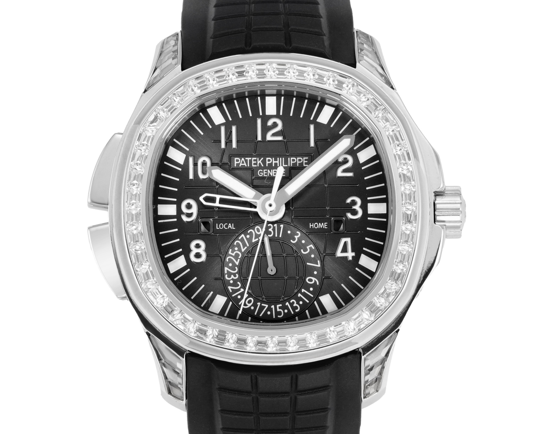 NO:602147,The factory upgraded Patek Philippe diamond ring 5164, the first functional version, a top sports watch that combines innovative technology and practical functions with a unique design. It has a diameter of 40.8 mm and is made of stainless steel. It has been alternately polished and brushed, giving it a strong sense of layering. The strap is made of fluorine rubber and the back is made of comfortable technical material. This strap is very soft  It is soft, durable and fits the wrist. The soul of this grenade watch is not its simple GMT hand, but Patek Philippe's patented two-place time mechanism, which is extremely elegant and convenient to operate. There are two hidden buttons on the left side of the case, which are used to quickly adjust the hour hand and dual time zones to realize function alignment. There are small windows on the left and right of the dial, respectively.  Day and night status of LOCAL and HOME. Equipped with Patek Philippe Caliber324S S FUS automatic winding movement, with Gyromax balance wheel and Sromax hairspring, ensuring ultra-high accuracy of daily travel time. The factory has created the first version matching function with good intentions. All major watch friends are welcome to appreciate it, patek philippe19860909厂升级百达翡丽钻圈5164首家功能对版,一款集创新技术,实用功能独特设计于一身的运动顶级腕表.40.8的毫米直径,不锈钢材质,经过抛光和拉丝交替处理,层次感强.表带采用氟橡胶带材质,背面为舒适的技术材质,这种表带非常柔软,耐用且贴合手腕.这款手雷腕表的灵魂所在,并非他简单的GMT针,而是百达翡丽专利的两地时机制,操作极其优雅和便捷.表壳左侧有两个隐藏式按钮,分别都用于快调时针,双时区,实现功能对版.表盘左右各有一个小巧的视窗,分别显示 LOCAL 和HOME的昼夜状态 .搭载百达翡丽Caliber324S S FUS自动上链机芯,拥有Gyromax摆轮和Sromax游丝,确保每天走时的超高精准.厂用心良苦打造首家对版功能,欢迎各大表友品鉴,,patek philippe,Watch