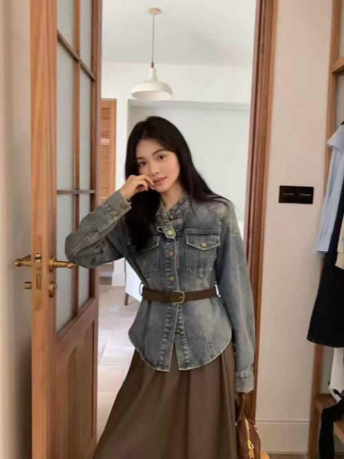 Denim Top, Skirt, and Belt Set - Washed Soft Denim & Protein Leather Skirt 1 Denim Top, Skirt, and Belt Set - Washed Soft Denim & Protein Leather Skirt