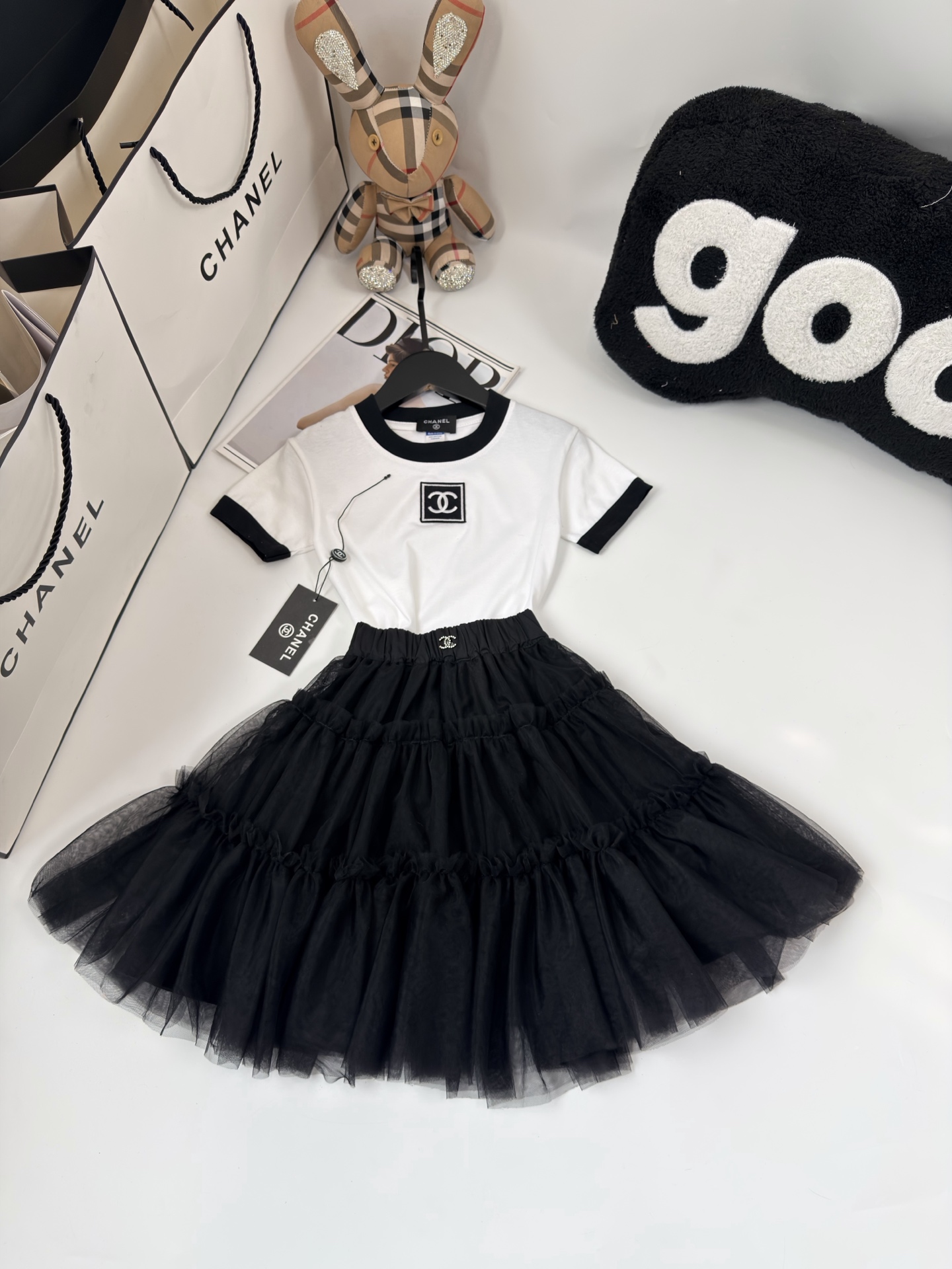 Sin menos @105 disparo exclusivo 💗CHANEL/Chanel algodón puro parte superior de contraste de color + falda larga súper …