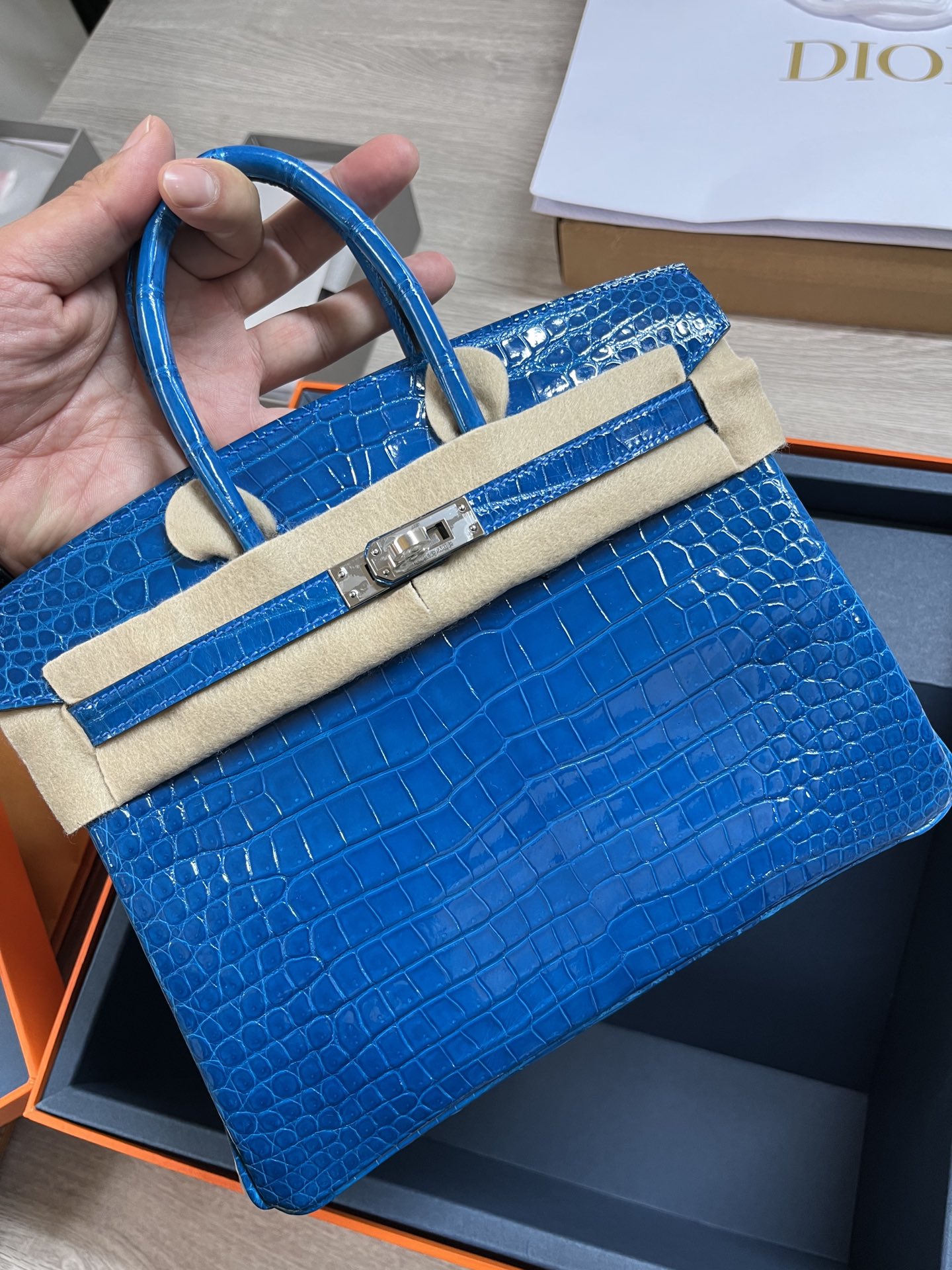 Hermes Birkin Sacs À Main Bleu Hardware en argent Peau de crocodile