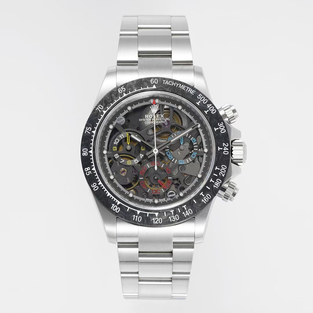 NO:617699,Wouldn’t you be attracted by such a cool Daytona?  In the modification of high-end watches, most of them use the main material or color of the original watch to modify the watch. This time, the Daytona is presented in a unique hollowed-out way, which is also impossible to appear in the original Daytona. The original material of the bezel is replaced by forged carbon in order to echo the lightness pursued by racing cars. This material also makes the entire case look more dynamic. In the La Montoya dial design, except for the hour and minute hands on the dial, the rest are hollowed out and color-changing designs.  1. The 'three-eye' dial has been changed to a hollow shape, and the numbers and hands on it are presented in blue, red, and yellow respectively. 2. The bezel mouth is made of forged carbon fiber, and the overall case and steel band are made of AR904L fine steel.  3. The artistic cal. hollow movement, each disassembled part is assembled one by one with very high precision. Most parts have been coated, beveled and polished with exquisite craftsmanship, making the entire hollow movement more visually cool.19860909这么炫酷的迪通拿难道你不会心动吗？在高级腕表改装中,多数采用原表款的主要材质或颜色来改造腕表,此次的迪通拿却以独特的镂空方式呈现,这也是原版Daytona中不可能出现的.而表圈原本材质被锻造碳取代,目的是呼应赛车所追求的轻盈,这种材质也使整个表壳看上来更有赛车动感.在La Montoya表盘设计中,除了表盘上的时、分指针,其余都采用的镂空以及变色设计. 1、“三眼”表盘都改成镂空状,上面的数字与指针则分别以蓝、红、黄色呈现. 2、表圈口采用锻造碳纤维圈口,整体壳套和钢带采用AR904L精钢制作. 3、充满艺术气息的cal.镂空机芯,每个拆件都以非常高的精度逐一组装,大多数部件经过涂层、斜切以及抛光等精湛工艺,使其整个镂空机芯在视觉上更加的酷炫.,,Watch