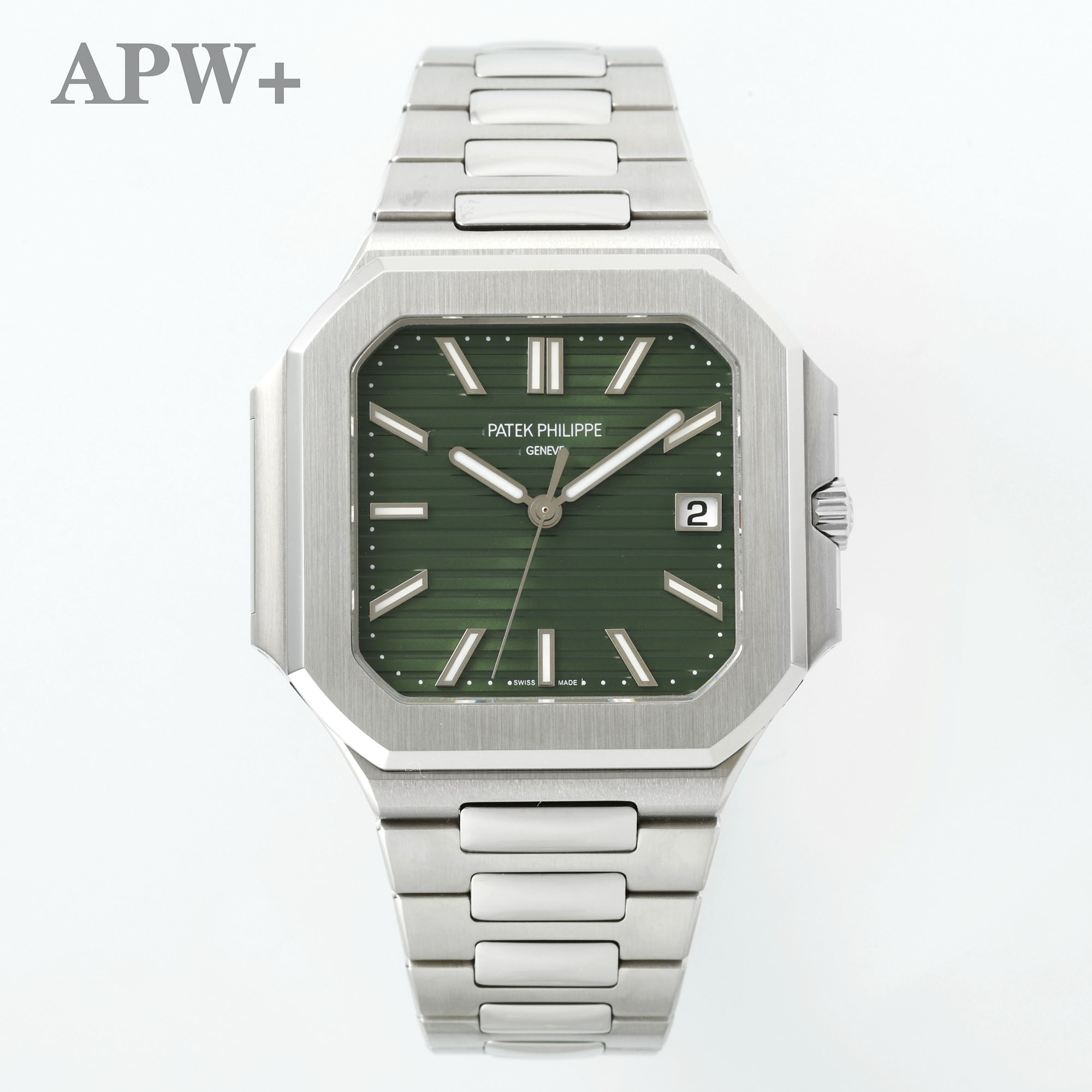 NO:386128,APW's new Patek Philippe movement CUBITUS square series 5821 'small TV' - a benchmark for elegant sports watches!  1. Case The unique square rounded case design adopts the two-layer shell structure of Nautilus, which is highly integrated with the bracelet, and is more integrated. Through the exquisite craftsmanship of vertical forging matte and mirror polishing, a modern three-dimensional light and shadow effect is created. The diagonal length of 45MM benefits from the exquisite craftsmanship and the light curve of the wrist, making the effect not huge and clumsy when used. 2. Dial The horizontal horizontal embossing on the olive green sun-colored dial and the blue sun-colored dial not only inherits the classic ripple of Nautilus, but also strengthens the visual impact with sharp lines. It is cleverly matched with the Patton-style pointer, showing the luxurious charm of the sports watch!  3. Movement Dandong Cal.26-SC automatic winding integrated movement, (not modified by other people in the market) on the golden central rotor, the horizontal horizontal pattern echoes the dial, and Cubitus is also the only series with unique movement decoration. It also integrates the stop-second function and a power reserve of 38-45 hours, with a waterproof depth of 30 meters to meet daily life needs. 4. The new calendar printing style convex font is exactly the same as the original!  5. The latest strap buckle has telescopic function (convenient to fine adjustment), Patek philippe19860909APW 新款百达翡丽机芯 CUBITUS方形系列 5821“小电视”—优雅运动腕表标杆！ 1.表壳 独树一帜的方形圆角表壳设计,采用鹦鹉螺的两层壳体结构,与表链高度一体化,整体性更强.通过垂直锻纹磨砂与镜面抛光的精湛工艺,打造出富有现代感的立体光影效.45MM的对角线长度,益于精致的工艺与以及轻薄贴合手腕的弧度,让上手效果并不大庞大笨拙. 2.表盘 橄榄绿色日辉纹表盘与蓝色日辉纹表盘上的水平横纹浮雕,不仅传承了鹦鹉螺的经典波纹,更以锐利的线条切割强化了视觉的冲击力,与巴顿式指针巧妙搭配,相得益彰,展现出运动腕表的奢华韵味！ 3.机芯 丹东Cal.26-SC自动上链一体机芯,（不是市场其他家改装的）金色中央摆陀上,雕刻了与表盘相呼应的水平横纹,Cubitus也是唯一拥有独特机芯装饰的系列.同时融合了停秒功能与长达38-45小时的动力储备,防水深度30米,满足日常生活所需. 4.日历印刷新款字体凸字 与原装一模一样！ 5.表带最新款表扣 有伸缩功能（方便微调）,,patek philippe,Watch