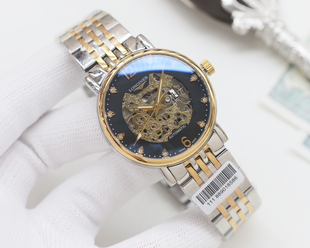 Longines PrimaLuna Skeleton caixa prateada, pulseira prateada, mostrador preto 30 mm feminino automático