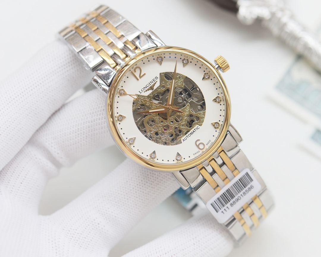 Longines PrimaLuna Skeleton caixa prateada, pulseira prateada, mostrador preto 30 mm feminino automático