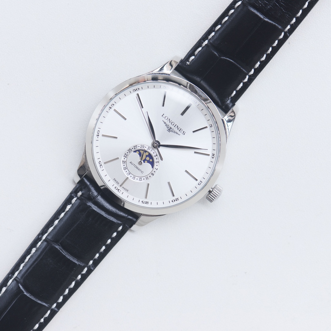Longines Master Collection Moonphase silver case, silver bezel, white dial, black leather strap 40mm Men's Automatic