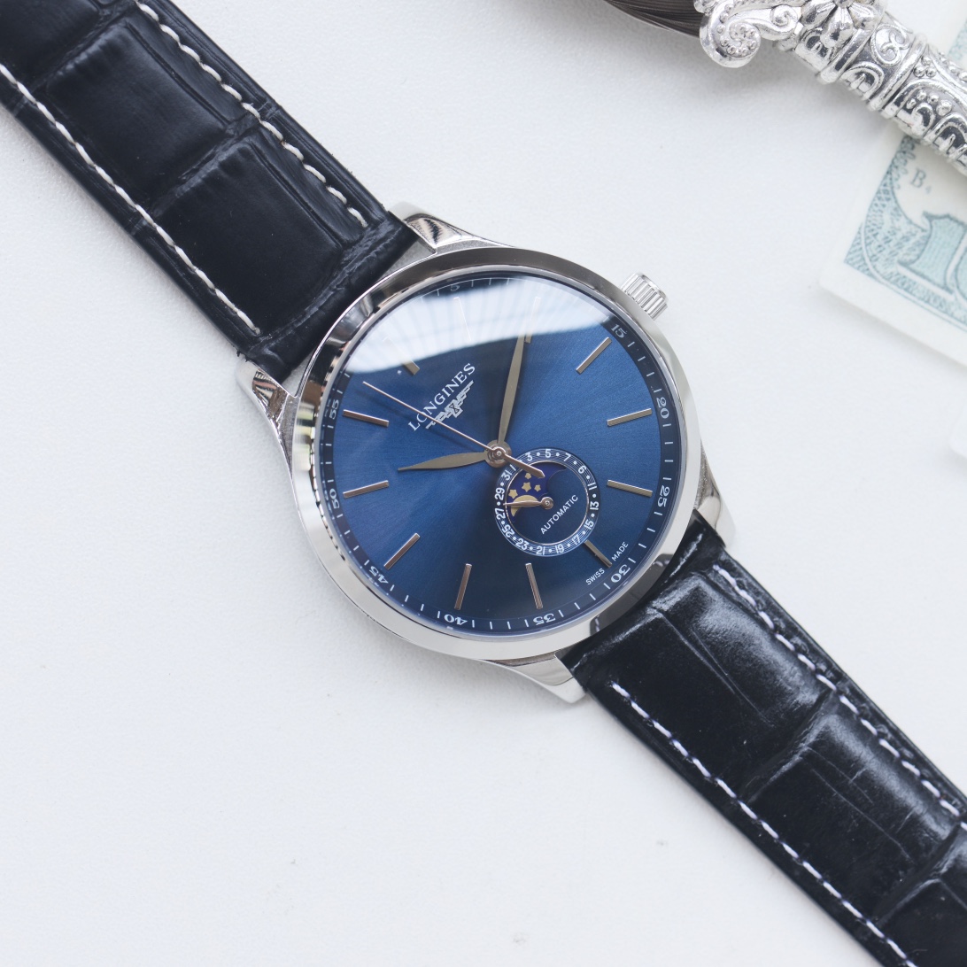 Longines Master Collection Moonphase silver case, silver bezel, white dial, black leather strap 40mm Men's Automatic