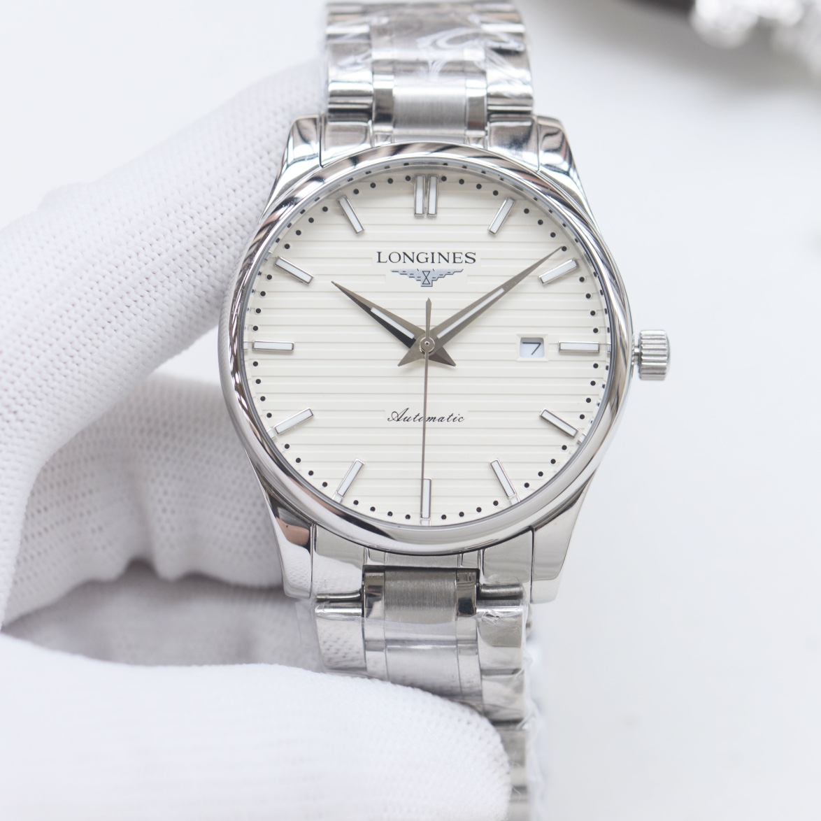 Longines Record Automatic silver case and bracelet, white dial 40mm Men's Automatic