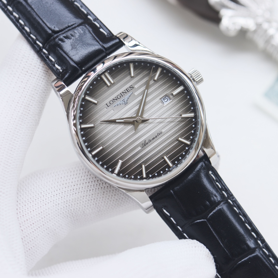 Longines Master Collection silver and gold case, blue striped dial, brown leather strap 38.5mm Men's Automatic
