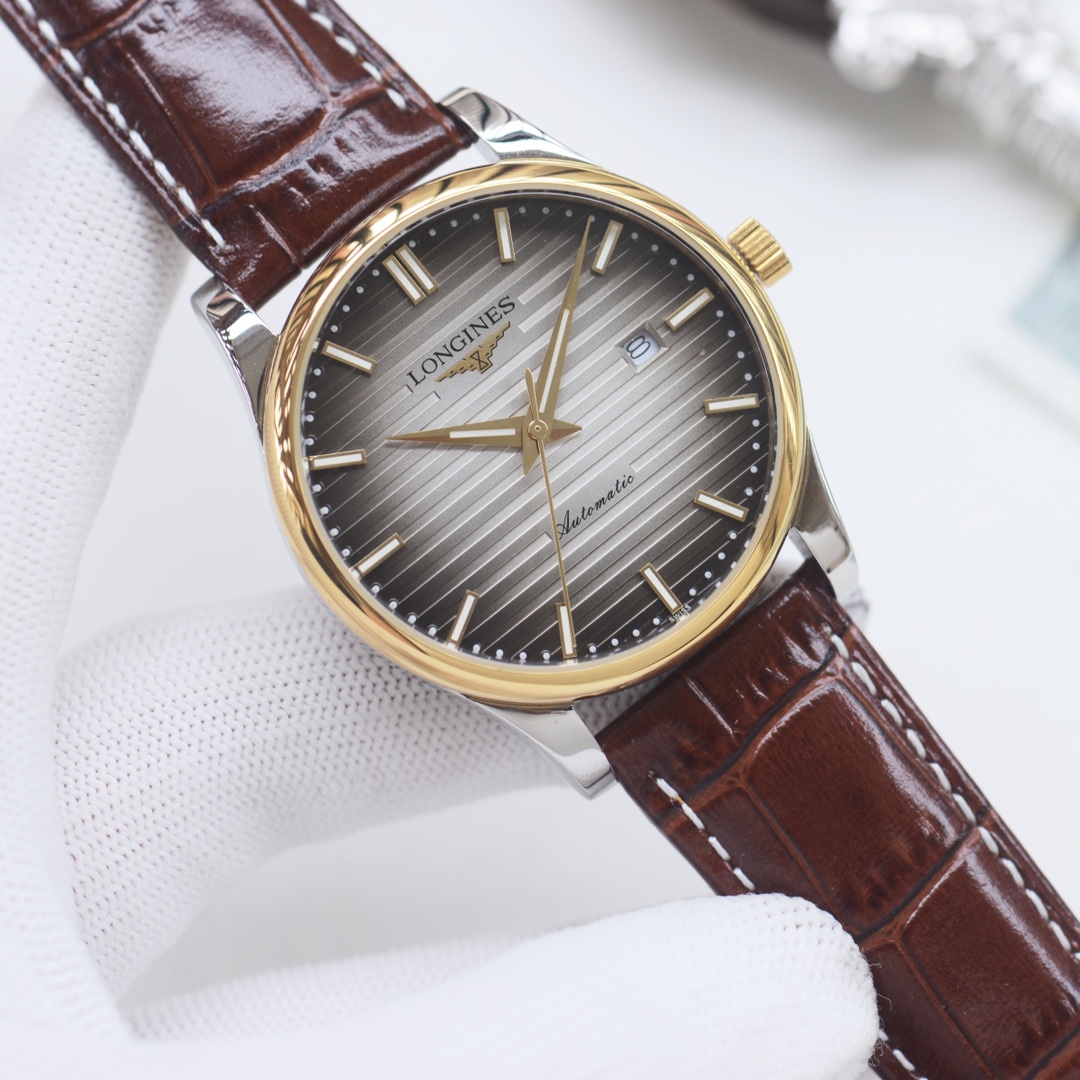 Longines Master Collection silver and gold case, blue striped dial, brown leather strap 38.5mm Men's Automatic