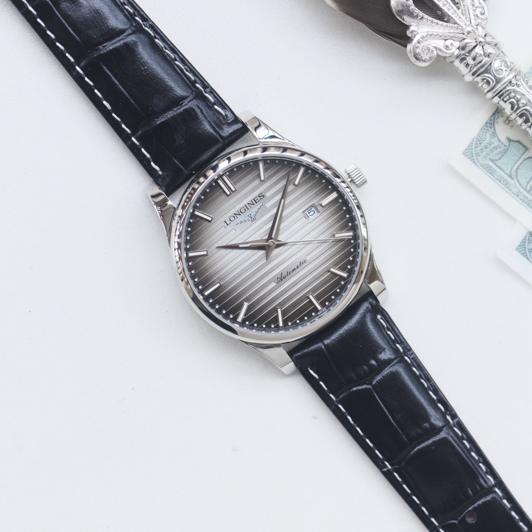 Longines Master Collection silver and gold case, blue striped dial, brown leather strap 38.5mm Men's Automatic
