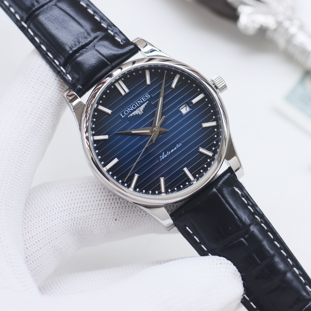 Longines Master Collection silver and gold case, blue striped dial, brown leather strap 38.5mm Men's Automatic