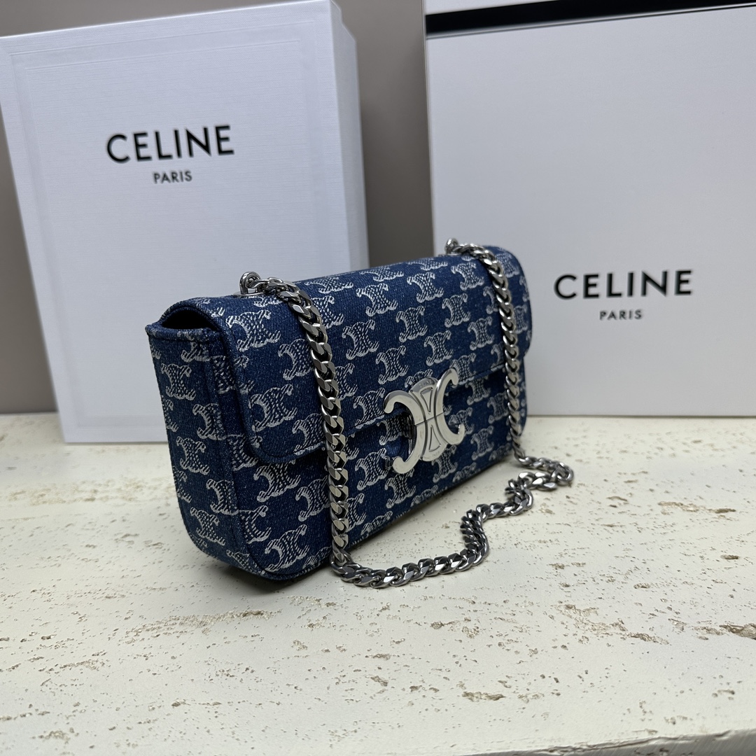 链条️腋下包牛仔布手搓纹小牛皮链条肩背包8X4X2英寸20.5X10.5X4厘米TRIOMPHECANV