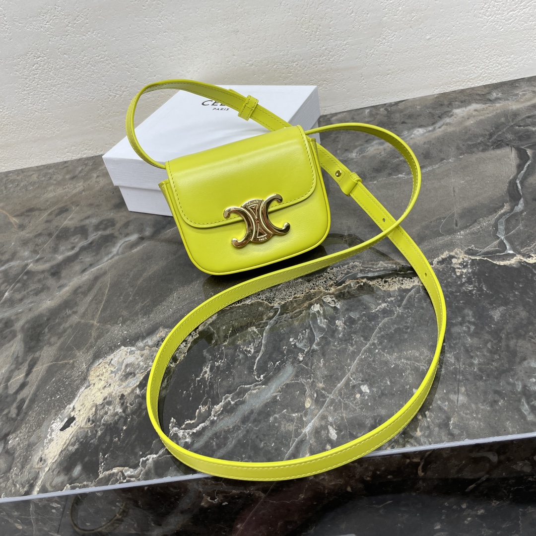 Celine Triomphe Mini Handbag in Hand-Rubbed Textured Bull Leather - Yellow