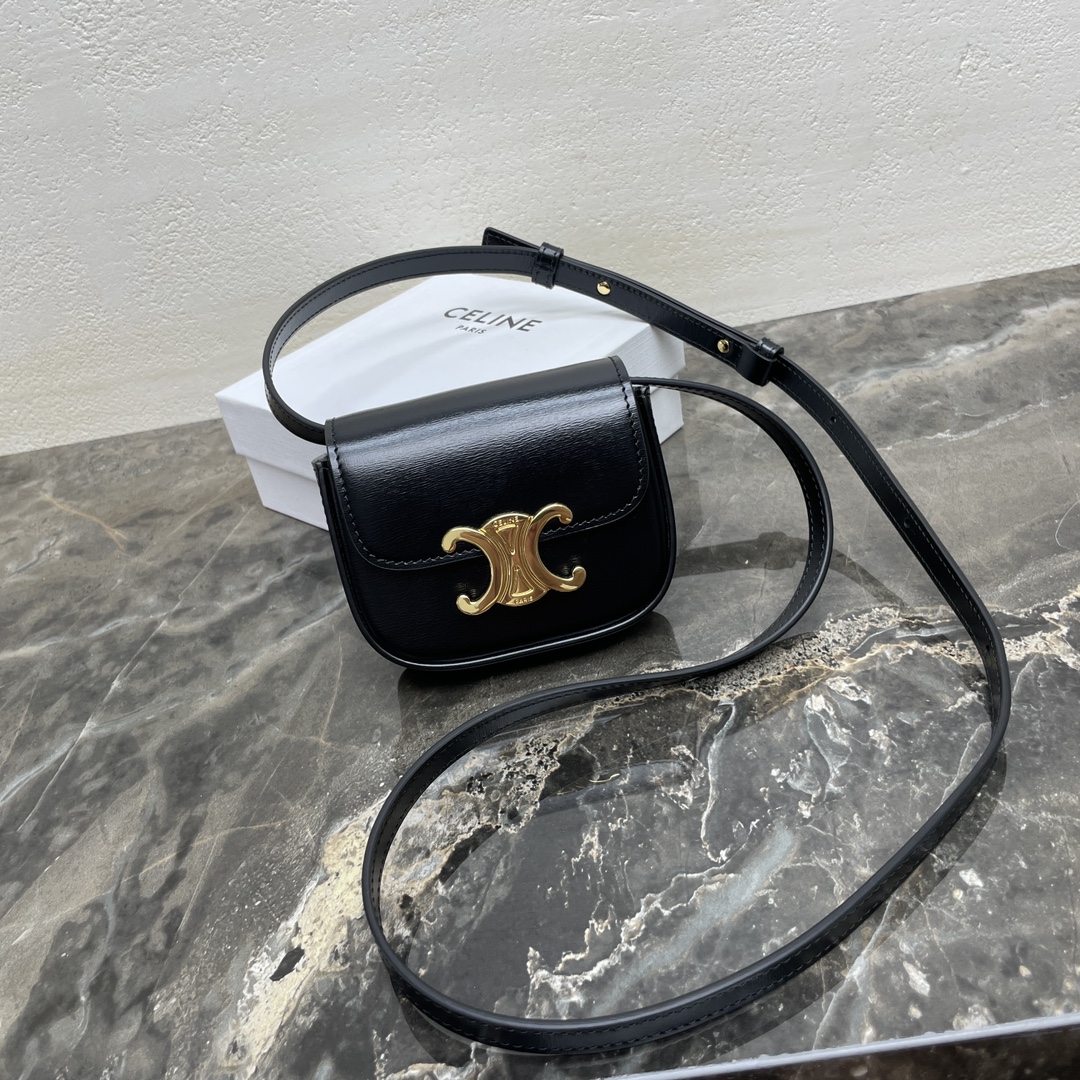 Celine Triomphe Mini Handbag in Black Grained Calfskin Leather