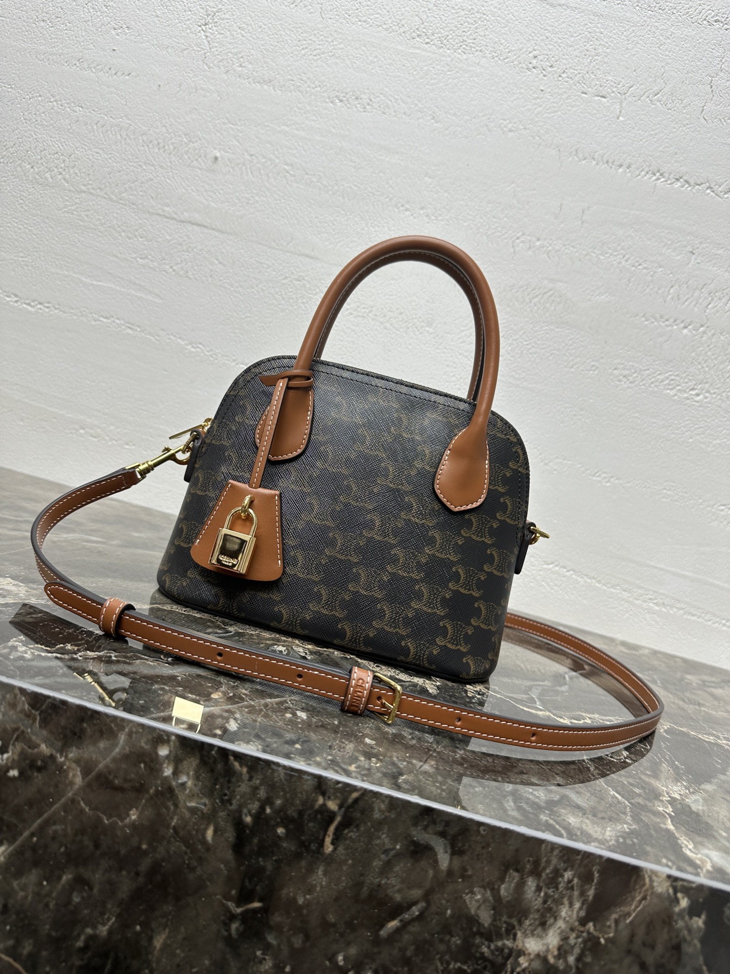 Celine Teen Honorine Triomphe Canvas & Leather Dome Bag - Brown/Tan