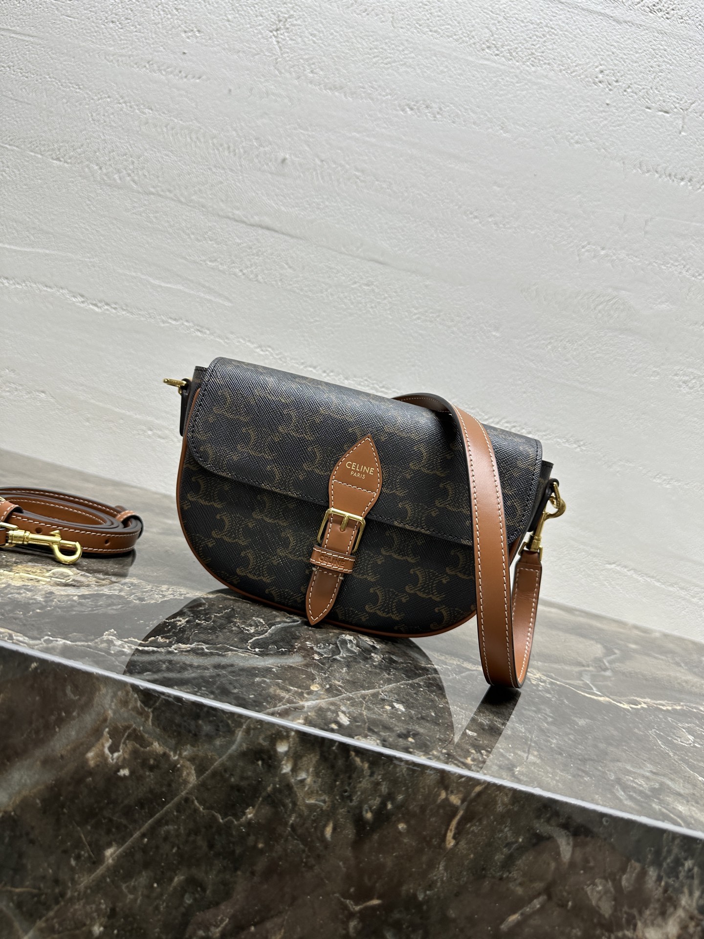 Celine Folco Shoulder Bag with Signature Print and Adjustable Straps