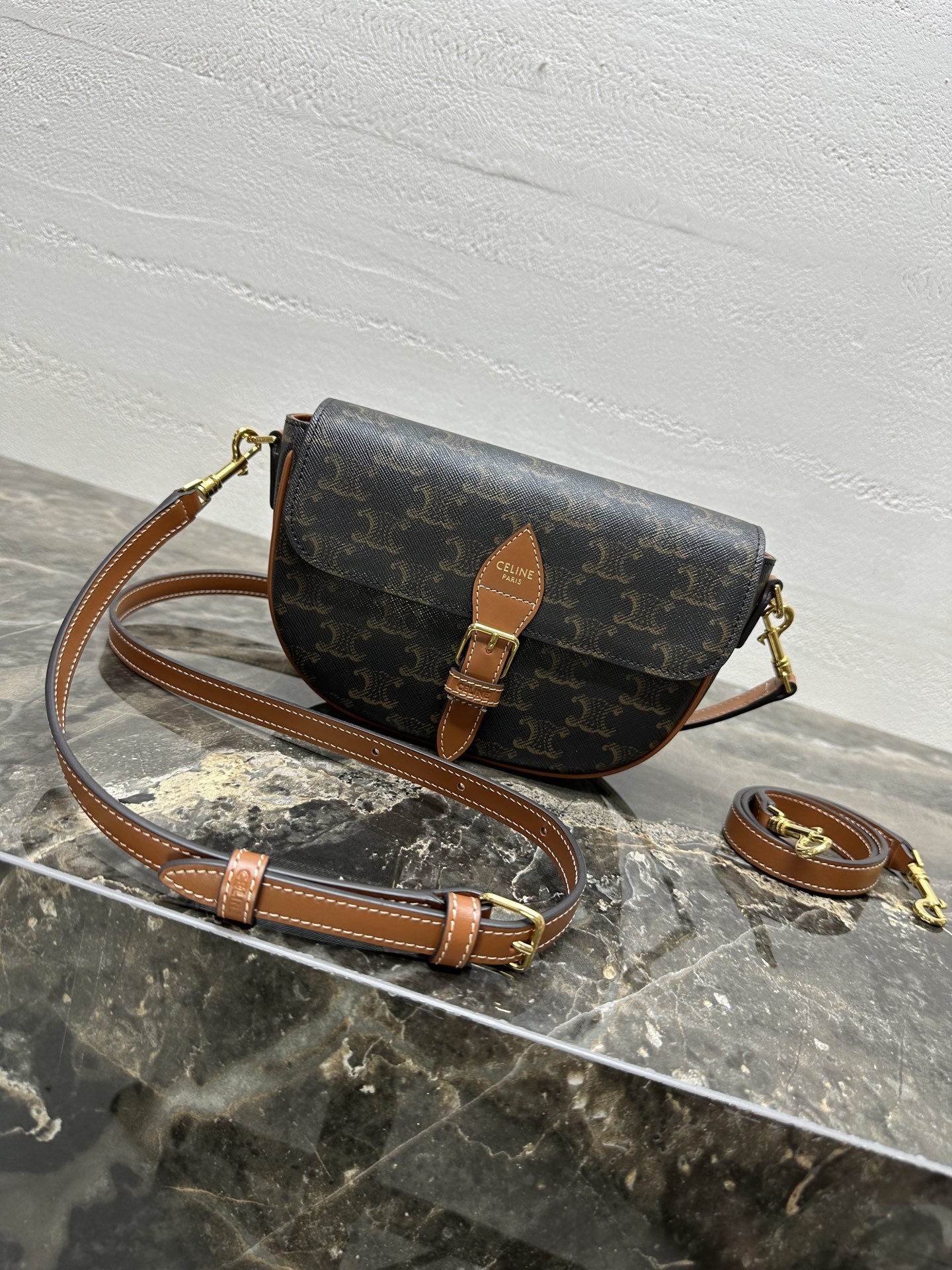 Celine Folco Shoulder Bag with Signature Print and Leather Trim