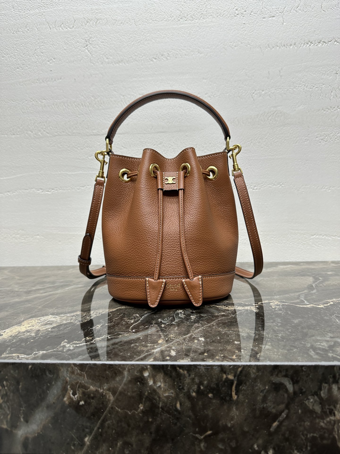 Celine Clara Drawstring Bucket in Smooth Calfskin Leather - Caramel