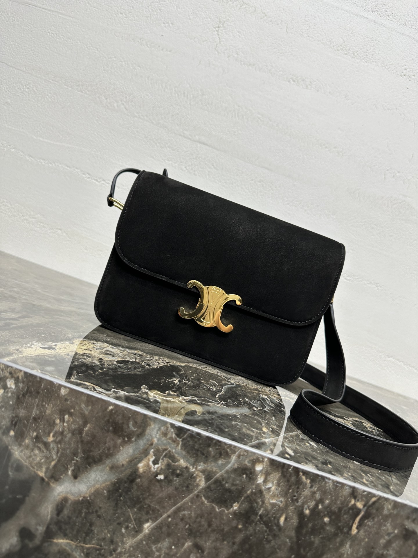 CELINE Triomphe Medium Shoulder Bag in Suede Calfskin with Golden Hardware